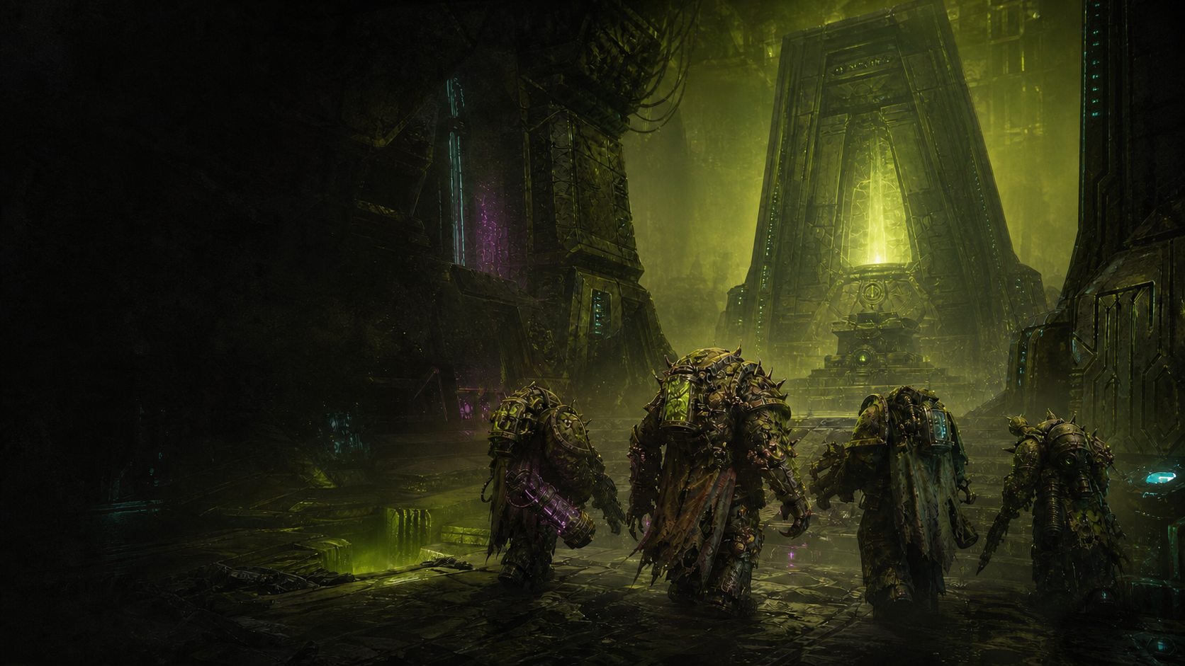 A green-lit alien tomb complex with armored figures entering its towering interior.